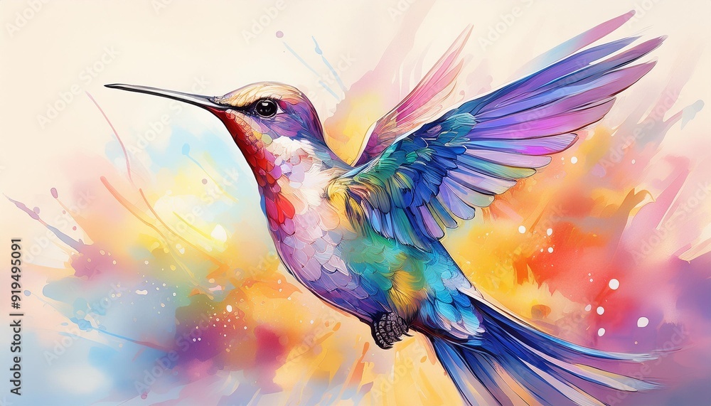 Obraz premium iridescent hummingbird midflight rendered in dreamy watercolors delicate brushstrokes capture the birds vibrant plumage and graceful movement