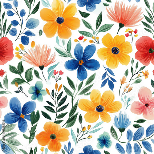 Wallpaper Mural handdrawn painting of cute and beautiful flowers, white background Torontodigital.ca