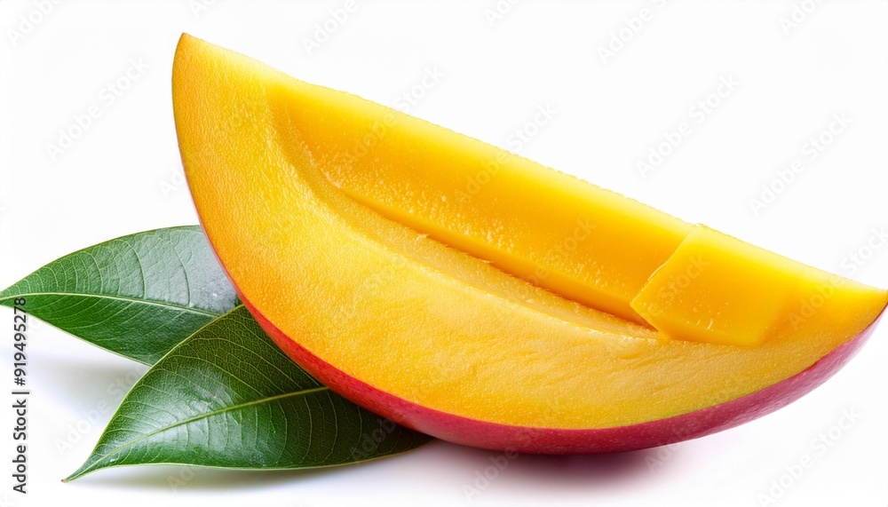 Isolated mango. Fresh mango fruit with leaves isolated on white background. Mango composition. Mango with leaves and sliced cubes.. Isolated mango. Fresh mango fruit with leaves isolated on white background. Mango composition. Mango with leaves and sliced cubes..