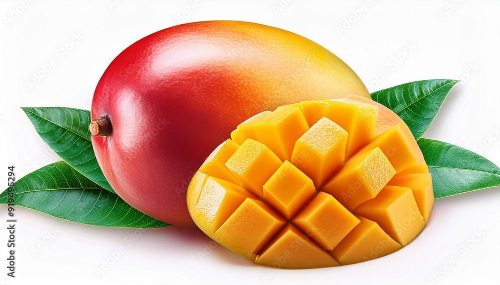 Isolated mango. Fresh mango fruit with leaves isolated on white background.. Isolated mango. Fresh mango fruit with leaves isolated on white background..