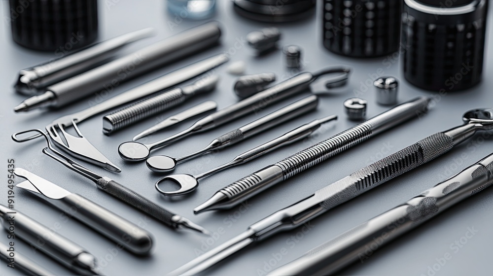 Dental tools arranged neatly on a white table Dental tools arranged neatly on a white table