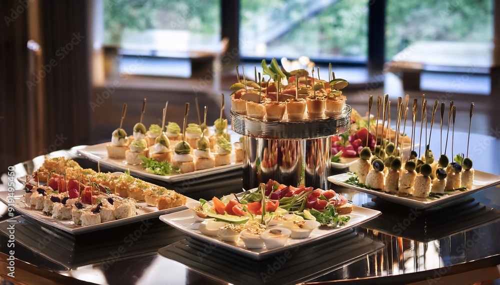 lavish catering display with artfully arranged appetizers and hors doeuvres gourmet finger foods on elegant serving platters lavish catering display with artfully arranged appetizers and hors doeuvres gourmet finger foods on elegant serving platters