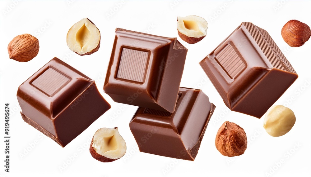 Levitating Cubes of milk chocolate bar with hazelnuts isolated on white background. Flying Chocolate candies close up. Levitating Cubes of milk chocolate bar with hazelnuts isolated on white background. Flying Chocolate candies close up.