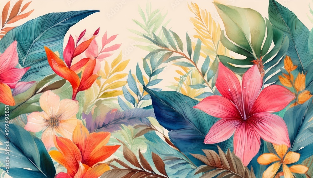 lush botanical pattern featuring oversized exotic flowers and foliage in vibrant watercolor hues on a soft pastel background lush botanical pattern featuring oversized exotic flowers and foliage in vibrant watercolor hues on a soft pastel background