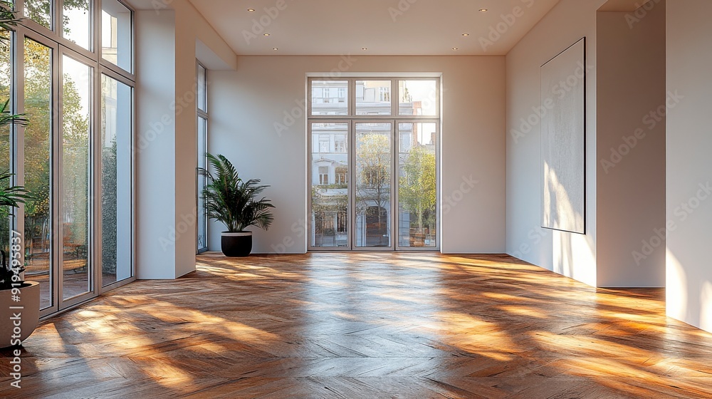 Fototapeta premium Empty bright room with wooden floor, minimalist interior with plant and sunlight from the large window.