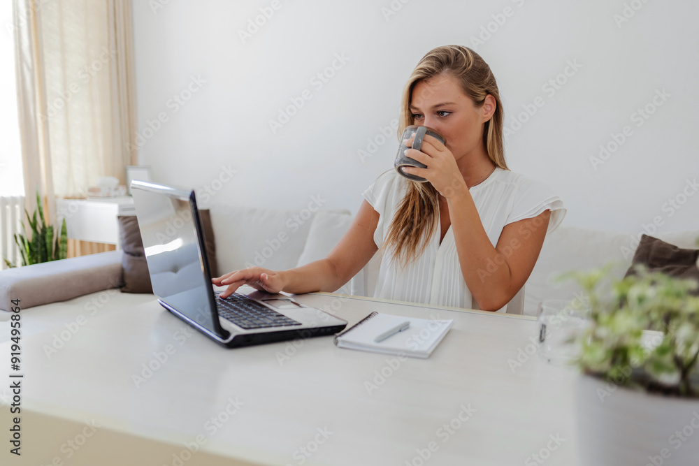 Coffee, laptop and remote work with woman in home office for small business or startup administration. Computer, drink and entrepreneur person in apartment to research target audience information. Coffee, laptop and remote work with woman in home office for small business or startup administration. Computer, drink and entrepreneur person in apartment to research target audience information.