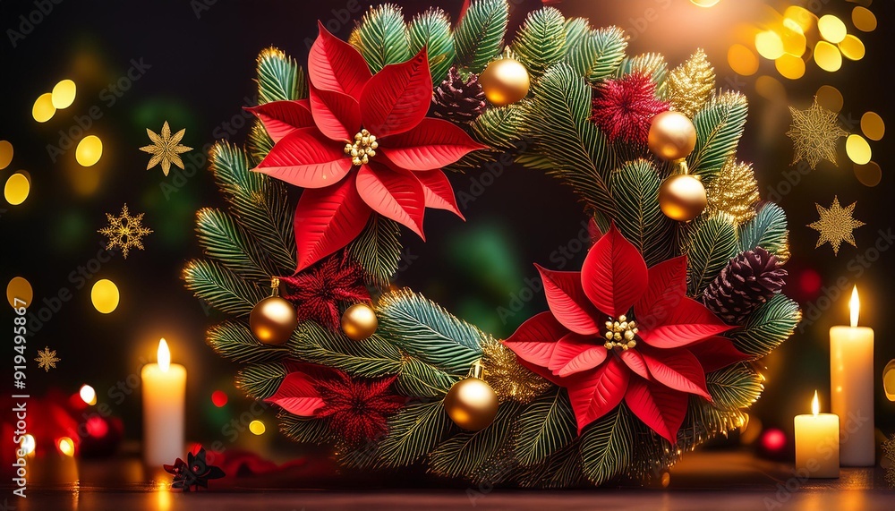 Fototapeta premium lush christmas wreath with deep red poinsettias pine branches golden ornaments soft bokeh background warm candlelight glow festive elegance closeup detail