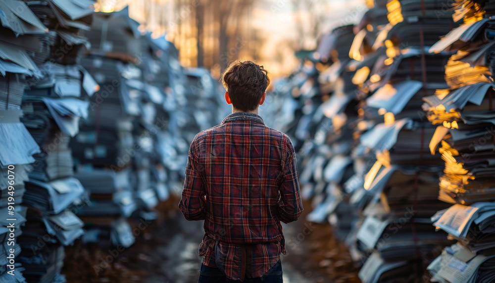 Obraz premium Person standing among stacks of old paper at sunset in a yard.