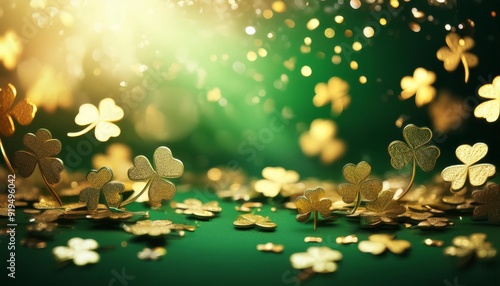 lush green backdrop adorned with scattered golden shamrocks soft focus creating depth perfect for st patricks day celebration graphics or irishthemed designs photo