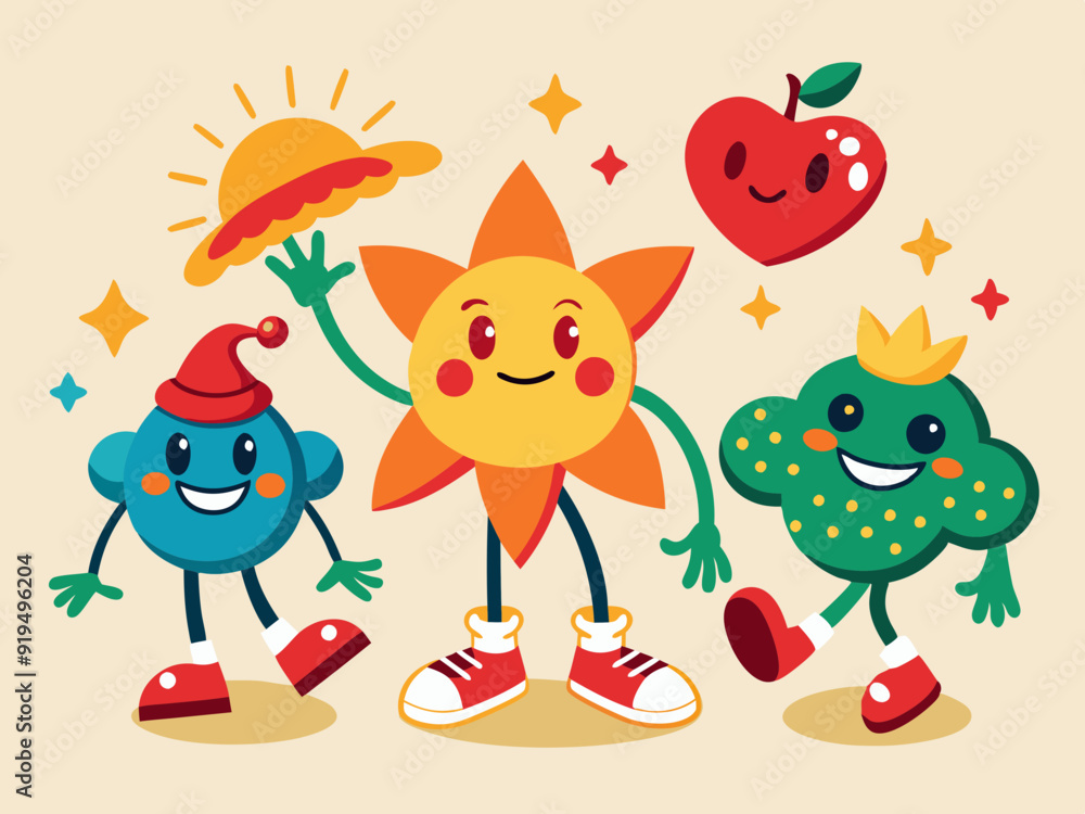 Cartoon abstract character. Retro trendy characters, comic sun and cloud, mascot running cherry, shape star with legs and hands, heart with funny face, vintage mushroom. Vector set
Cartoon abstract character. Retro trendy characters, comic sun and cloud, mascot running cherry, shape star with legs and hands, heart with funny face, vintage mushroom. Vector set