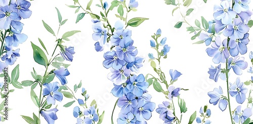 Watercolor Painting of Blue Flowers with Green Leaves on White Background.
