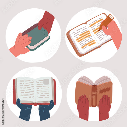 Cartoon vector illustration of Hands holding books. Bookcrossing concept. Making marks in the text.