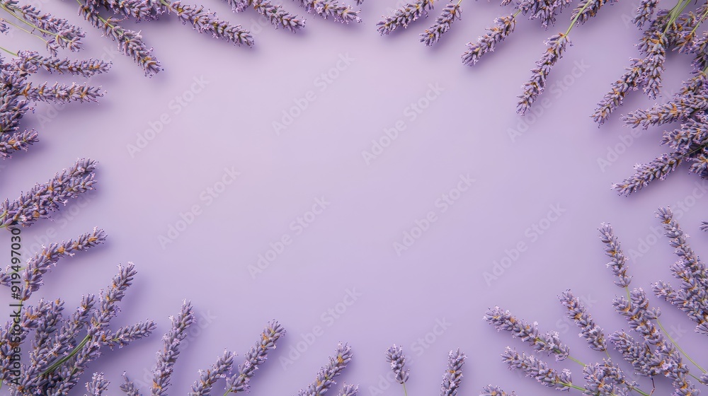 Wreath of lavender branches with copy space, natural organic floral frame purple background. Ai generation Wreath of lavender branches with copy space, natural organic floral frame purple background. Ai generation