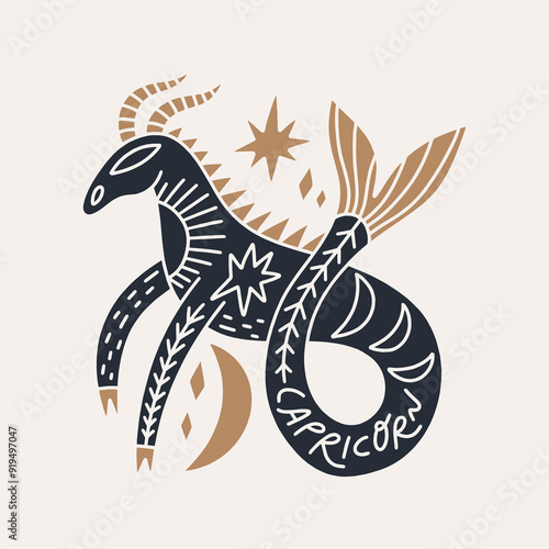 Boho cute zodiac Capricorn sign, horoscope cartoon icon. Astrology cartoon animalistic character symbol, space celestial ornate constellation. Astrological hand-drawn avatar. Modern flat contemporary