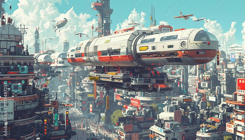 Futuristic cityscape with flying vehicles and advanced architecture, showcasing a vibrant and innovative urban environment. Futuristic cityscape with flying vehicles and advanced architecture, showcasing a vibrant and innovative urban environment.