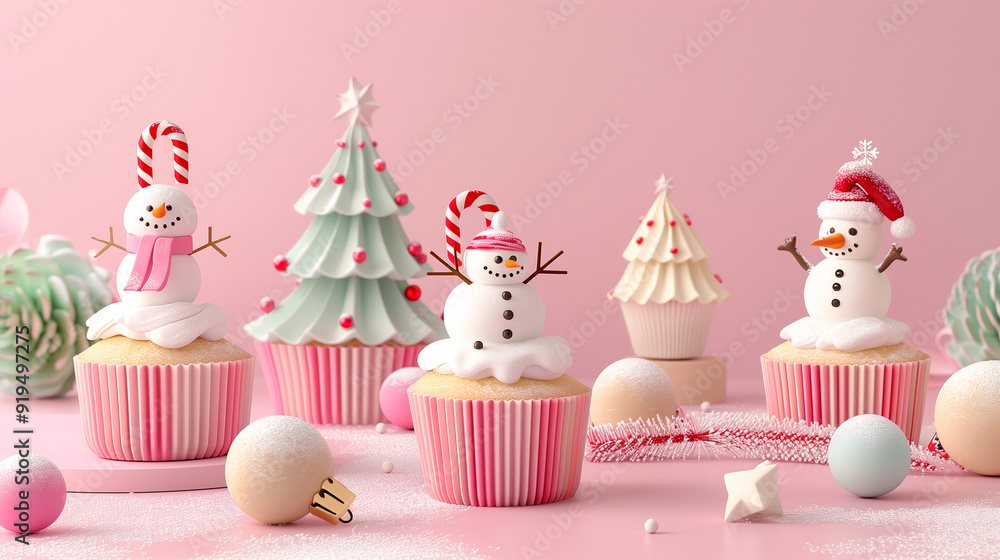 Festive cupcakes decorated with adorable snowmen and Christmas tree toppings, set against a pastel pink background, creating a whimsical and joyful holiday atmosphere. Festive cupcakes decorated with adorable snowmen and Christmas tree toppings, set against a pastel pink background, creating a whimsical and joyful holiday atmosphere.