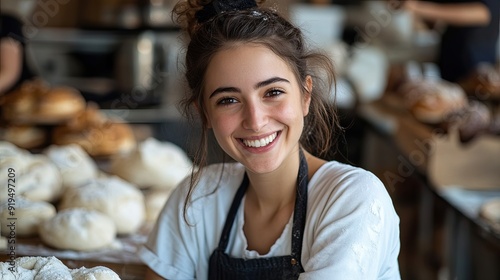 Smiling Female Baker with Flour-Dusted Apron Preparing Dough in a Warm and Inviting Bakery Setting