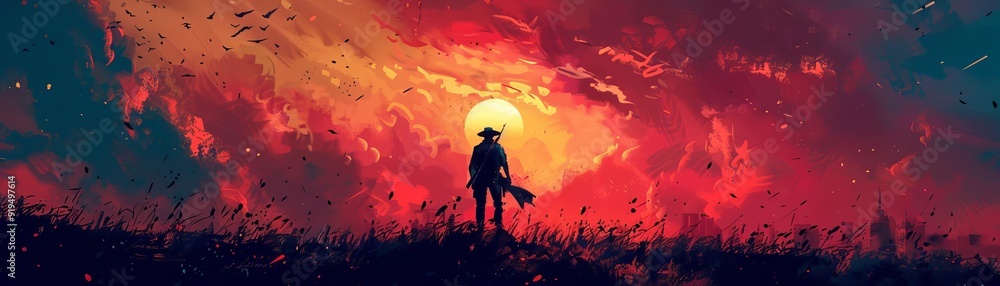 Lone figure stands against a vibrant sunset, blending rich colors of red, orange, and blue. A moment of solitude captured in a stunning landscape. Lone figure stands against a vibrant sunset, blending rich colors of red, orange, and blue. A moment of solitude captured in a stunning landscape.