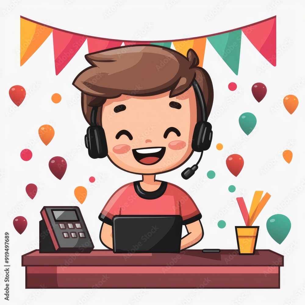 Happy Customer Service Representative with Headset and Laptop Happy Customer Service Representative with Headset and Laptop