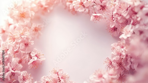 Wreath of small light pink cherry sakura flowers, copy space, natural organic floral frame. The generation of AI