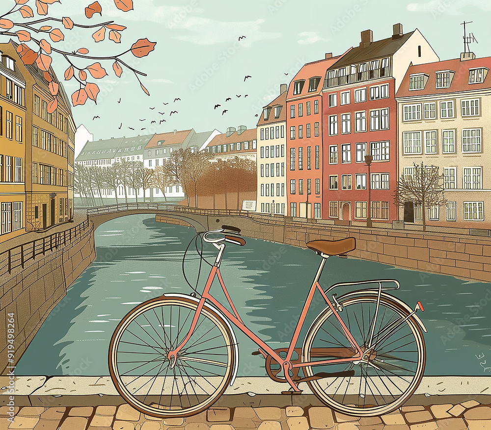Fototapeta premium Cityscape with bicycle in the background, illustration, pastel colors, flat design
