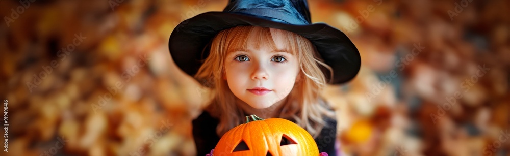 Little girl in witch costume holding a pumpkin on a Halloween background, copy space for text 