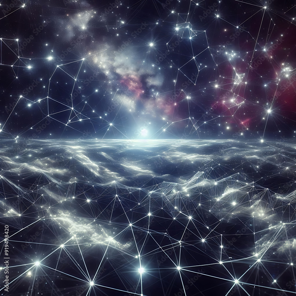 A surreal landscape of celestial constellations reimagined as a complex, geometric grid, with sparkling stars and constellations. A surreal landscape of celestial constellations reimagined as a complex, geometric grid, with sparkling stars and constellations.