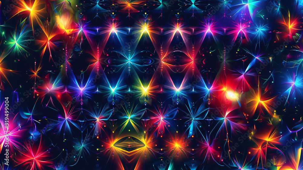 Symmetrical pattern of colorful lights creates a kaleidoscopic effect in an abstract background Symmetrical pattern of colorful lights creates a kaleidoscopic effect in an abstract background