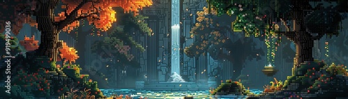 A breathtaking forest waterfall with vibrant autumn leaves and serene blue water, creating a peaceful natural scenery during the fall season.