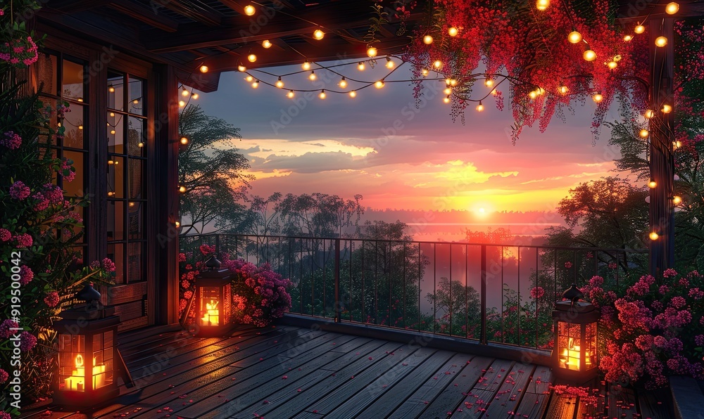 view over cozy outdoor terrace with outdoor string lights autumn evening on the roof terrace of a beautiful house with lanterns digital ai art. view over cozy outdoor terrace with outdoor string lights autumn evening on the roof terrace of a beautiful house with lanterns digital ai art.