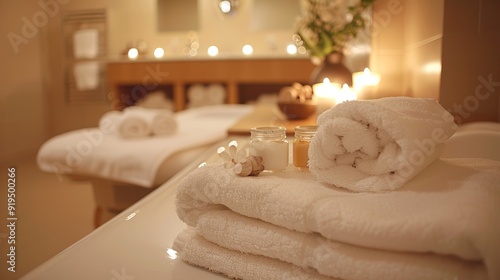 Tranquil spa bathroom setting with vanity, towels, candles, flowers, and exquisite seashell decor photo