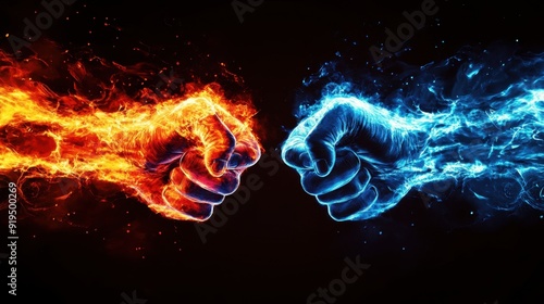 blue and red fire in the shape of two fists colliding on black background