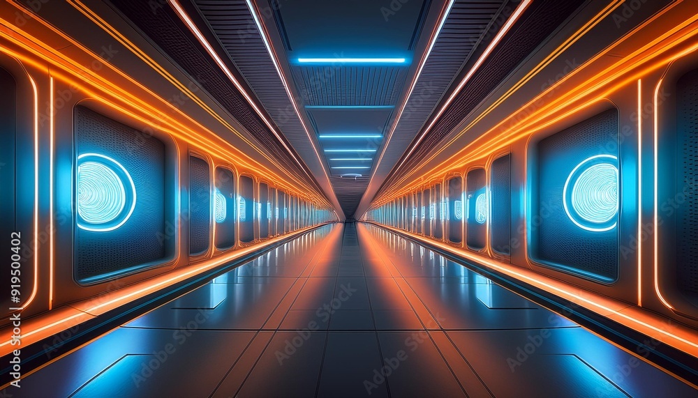 retrofuturistic corridor with neon blue and orange glow sleek concrete surfaces glossy reflections and cyberpunk aesthetics creating an immersive scifi atmosphere retrofuturistic corridor with neon blue and orange glow sleek concrete surfaces glossy reflections and cyberpunk aesthetics creating an immersive scifi atmosphere