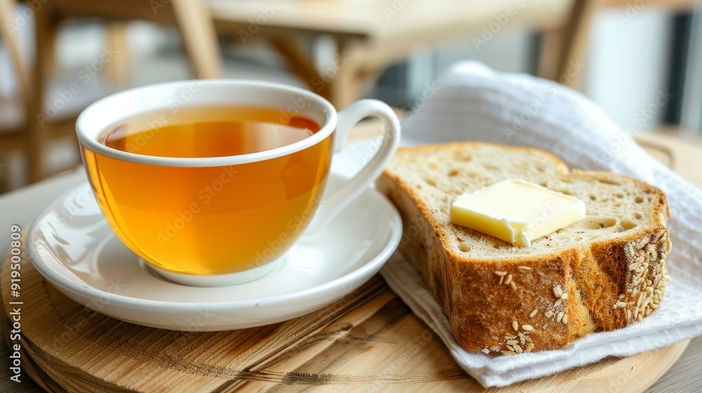 Morning sunlight illuminates tea cup and bread with butter on a rustic wooden table Morning sunlight illuminates tea cup and bread with butter on a rustic wooden table