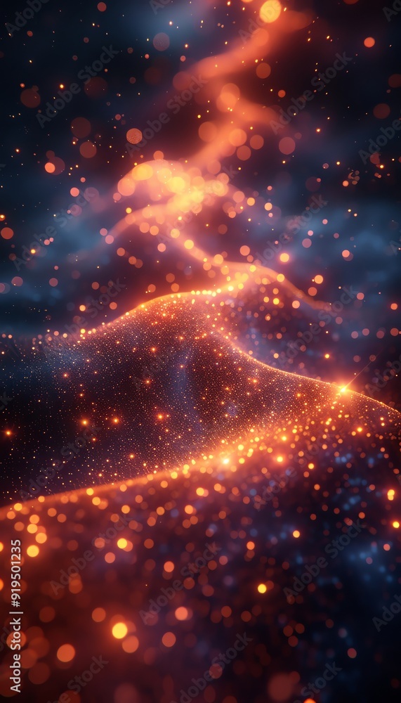 Fototapeta premium Abstract glowing particles in a wave-like pattern with warm orange and blue colors, creating a mystical and futuristic atmosphere.