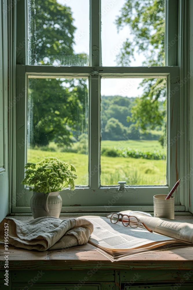 Open Window with Lush View, Newspaper, Pen, Eyeglasses, and Wildflowers on Windowsill Open Window with Lush View, Newspaper, Pen, Eyeglasses, and Wildflowers on Windowsill