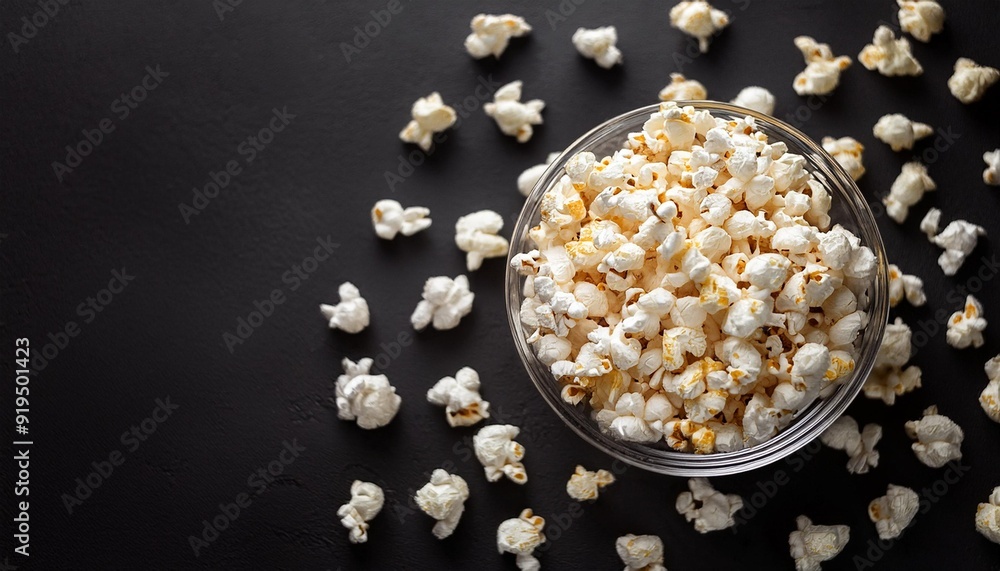 Scattered salted popcorn in a bowl on black background with copy space. Homemade Popcorn Top view. . Scattered salted popcorn in a bowl on black background with copy space. Homemade Popcorn Top view. .