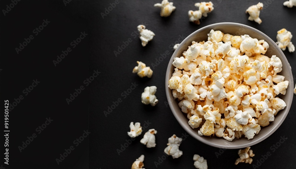 Scattered salted popcorn in a bowl on black background with copy space. Homemade Popcorn Top view. . Scattered salted popcorn in a bowl on black background with copy space. Homemade Popcorn Top view. .