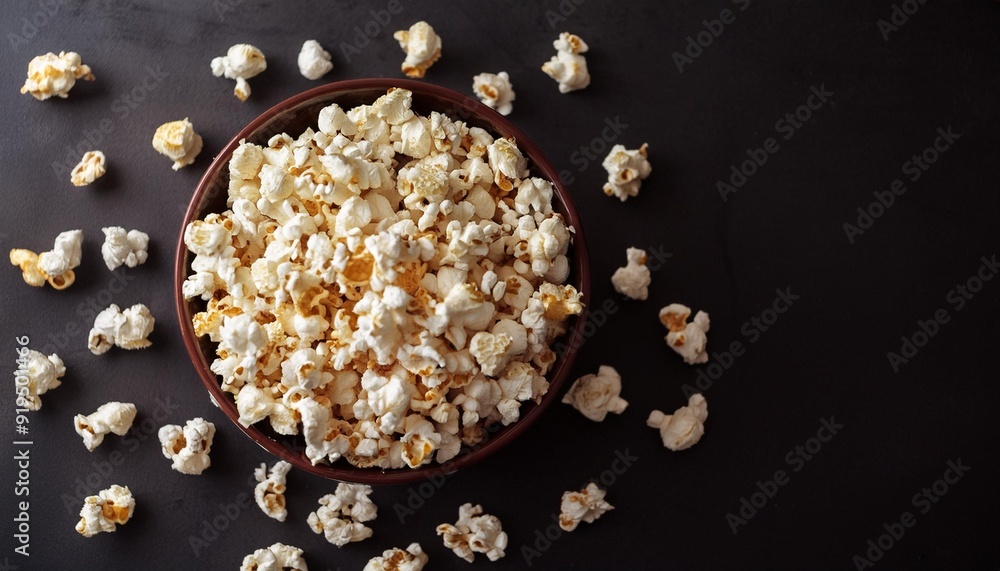 Scattered salted popcorn in a bowl on black background with copy space. Homemade Popcorn Top view. . Scattered salted popcorn in a bowl on black background with copy space. Homemade Popcorn Top view. .