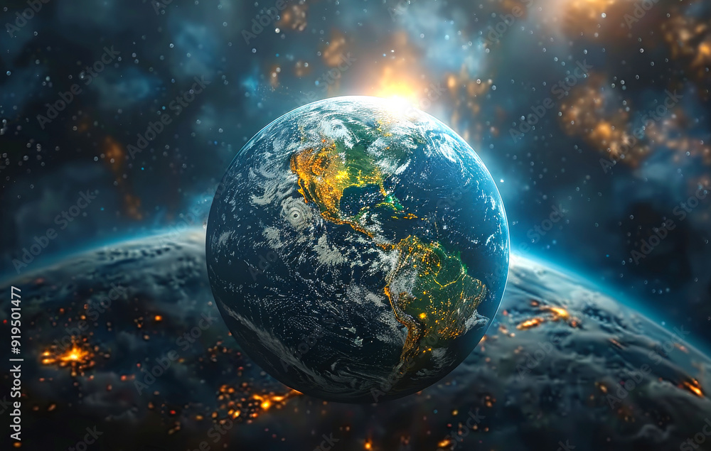 Earth illuminated by city lights from space at dawn. Earth illuminated by city lights from space at dawn.