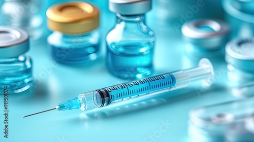 Sterile syringes and needles on a blue surface