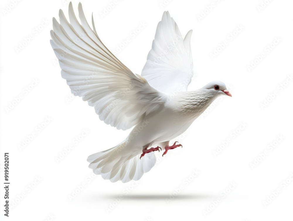 A graceful white dove in flight, symbolizing peace and freedom against a clean white background. A graceful white dove in flight, symbolizing peace and freedom against a clean white background.
