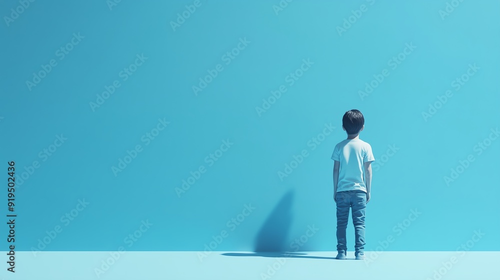 A young child stands alone in a minimalistic blue environment during daylight A young child stands alone in a minimalistic blue environment during daylight