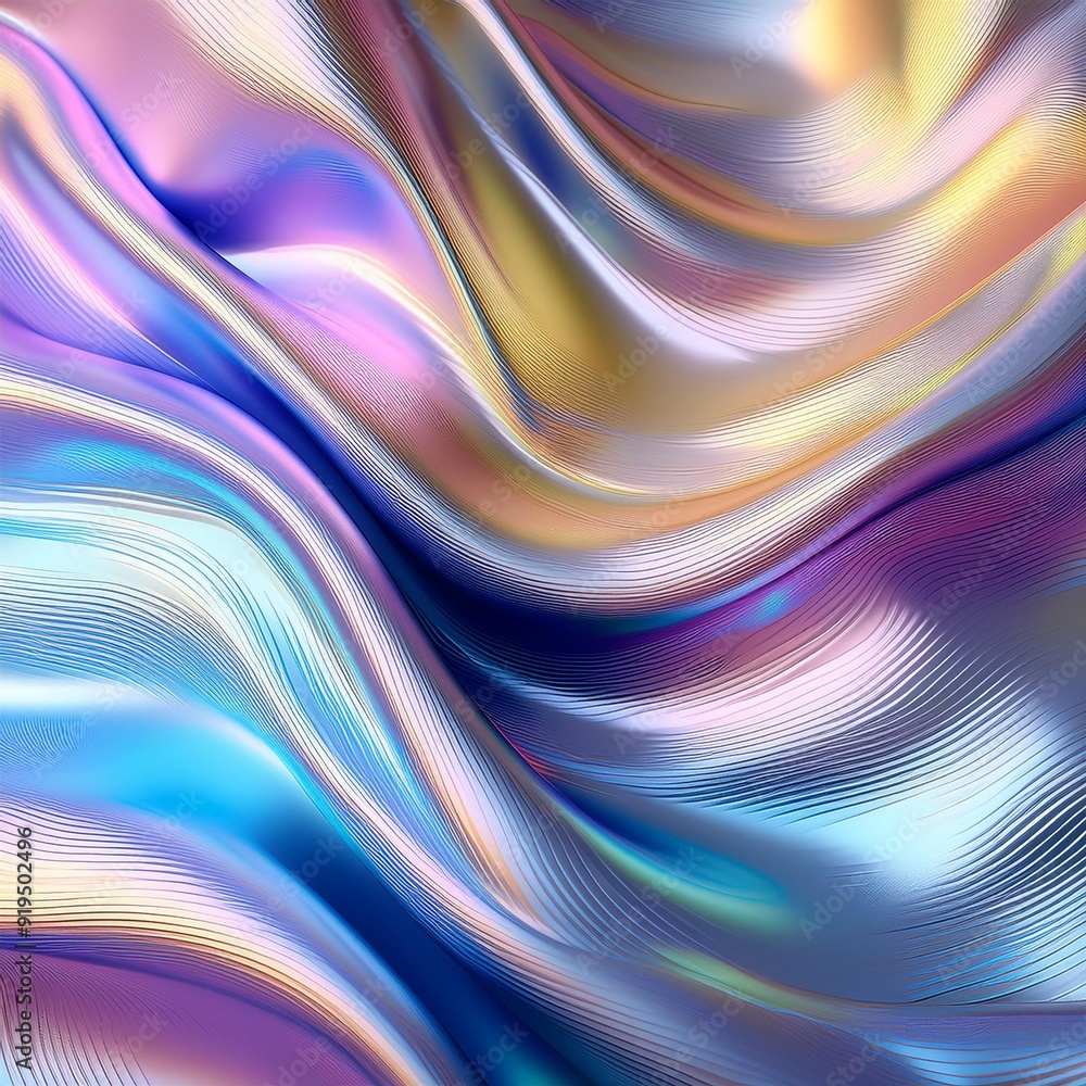 Obraz premium shimmering holographic background with undulating waves of pastel violet blue and yellow creating an iridescent abstract pattern
