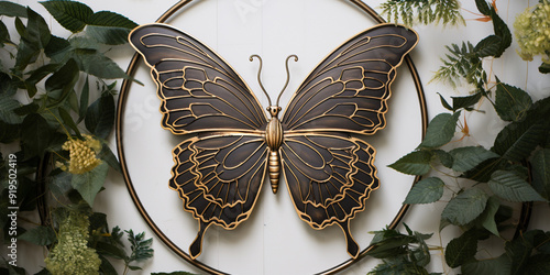 A very beautiful large butterfly for wall decoration in a gold circle frame