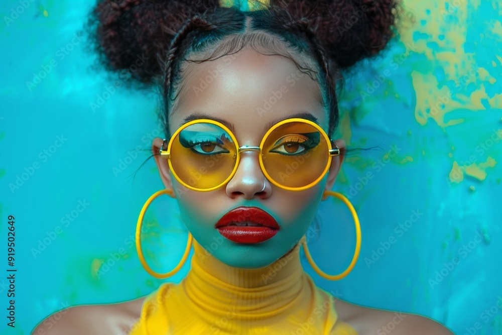 Fashionable portrait of young african american woman in shades against bright neon background Fashionable portrait of young african american woman in shades against bright neon background