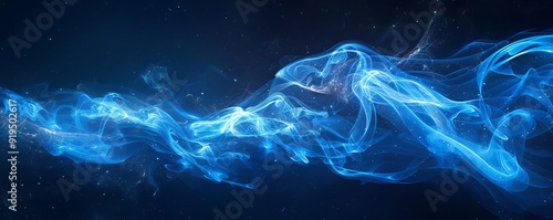 Abstract blue smoke wave on dark background. Futuristic glowing energy flow created in 3D rendering for creative designs and art projects.