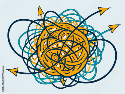 Messy scribble arrow lines. Chaotic doodle line ravel tangle, hand drawn confused messy knot. Difficult route, curved scrawl path chaos concept. Vector set
