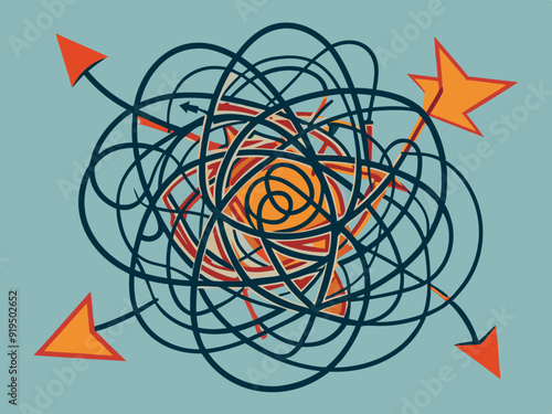 Messy scribble arrow lines. Chaotic doodle line ravel tangle, hand drawn confused messy knot. Difficult route, curved scrawl path chaos concept. Vector set
