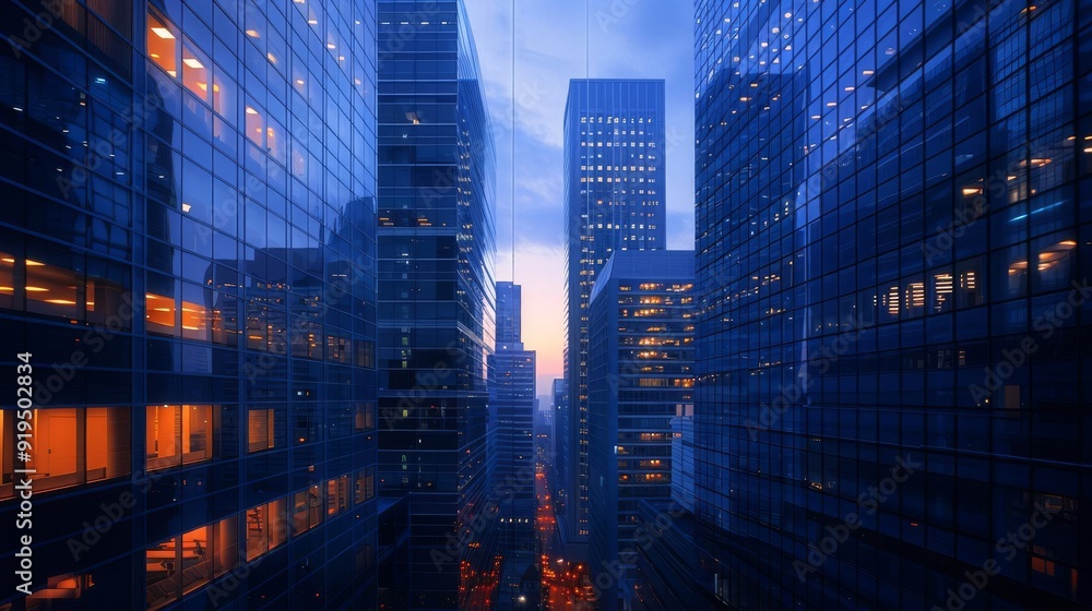 Evening view of a bustling cityscape with tall skyscrapers and illuminated windows under a deep blue sky. Urban life and architectural marvel. Evening view of a bustling cityscape with tall skyscrapers and illuminated windows under a deep blue sky. Urban life and architectural marvel.